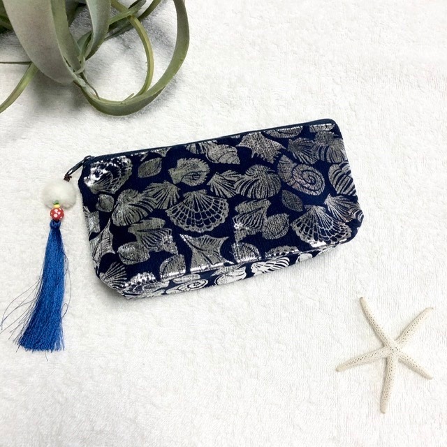 コスメポーチ S❤️ネイビーグリッターシルバーシェル×ネイビータッセル
