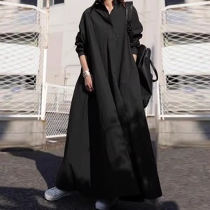 Cotton and linen shirt dress with floor-length large swing long skirt (SN363)