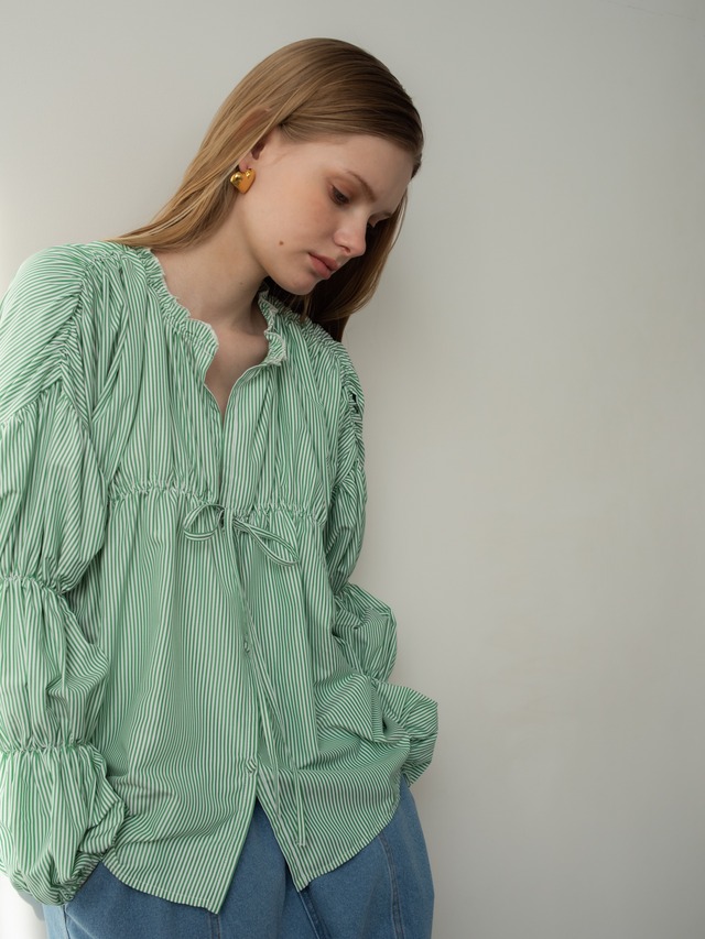 stripe triple shirring blouse（stripe-green）