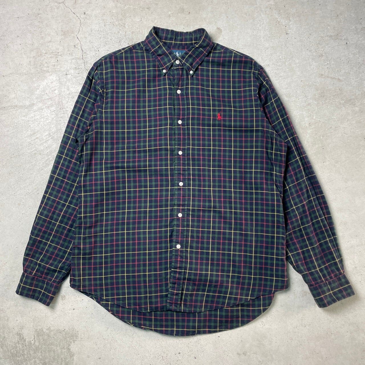 Ralph Lauren ラルフローレン CUSTOM FIT 長袖 チェックシャツ メンズL 古着 ボタンダウン ネイビー グリーン レッド ...