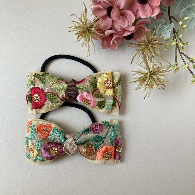 カラフル花柄刺繍リボンのヘアゴム