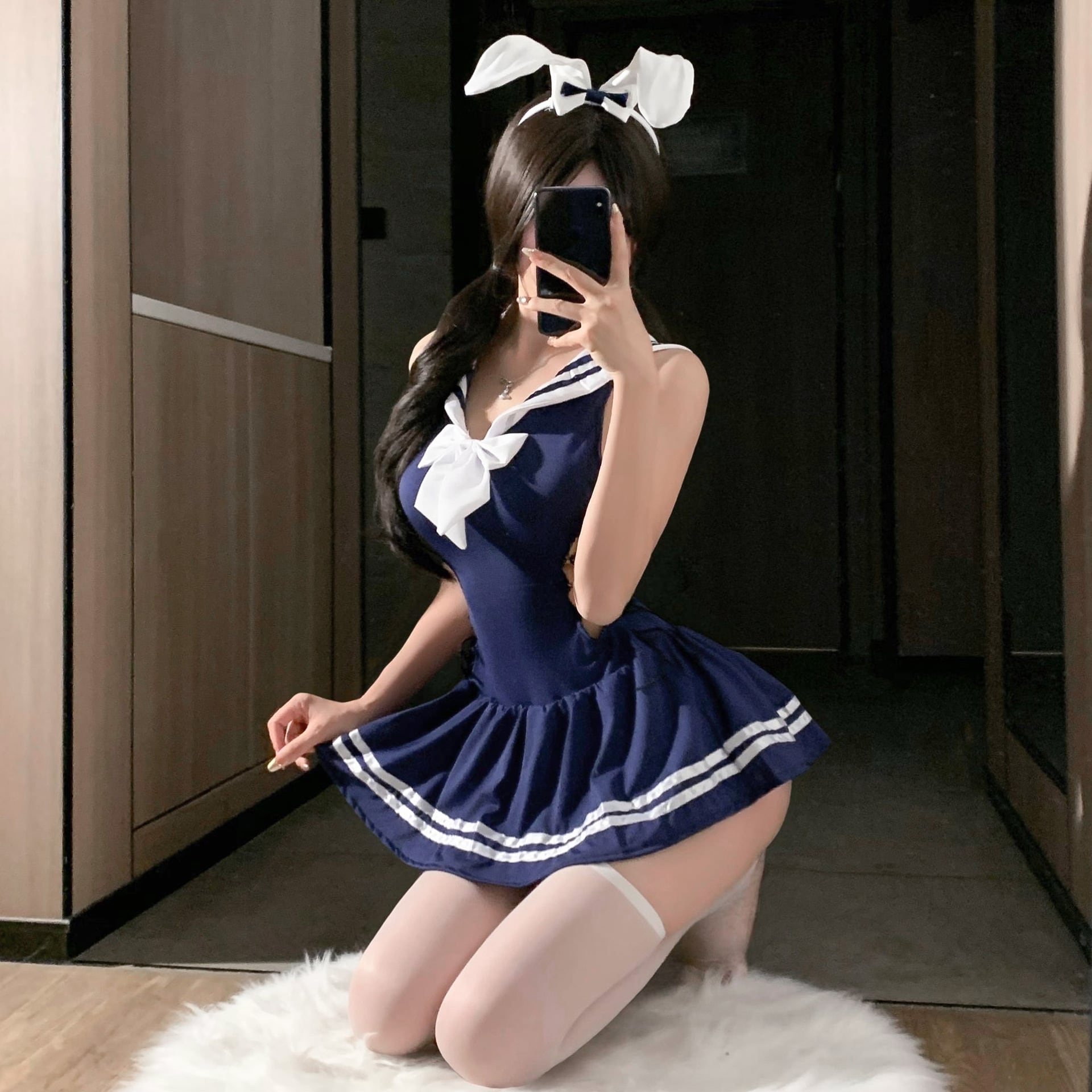 【セーラー服コスプレ】バニー×セーラーのいいとこ取り♡ネイビーリボンワンピースセット|バックレースアップ×ふわふわしっぽ付き