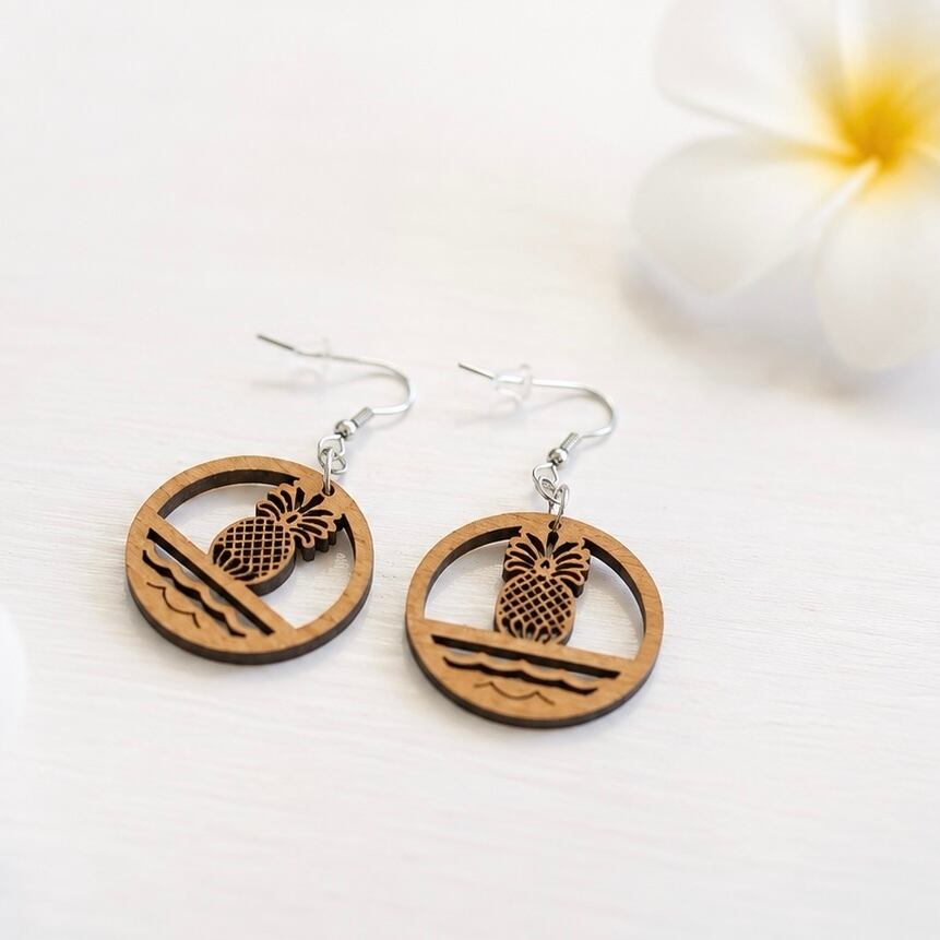 ハワイ ピアス パイナップル サークル ハワイアンウッド ピアス フープ アクセサリー 木製 ハワイ直輸入 <サークル パイナップル>