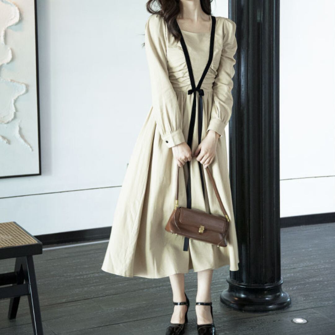 スクエアネック ウエストリボン  Aラインロングワンピース 00569