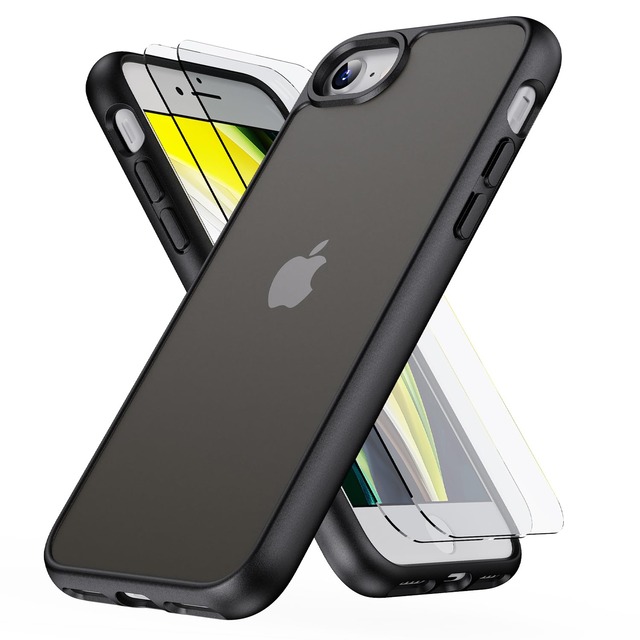 HEROMI iPhone SE 第3世代 第2世代 用 ケース【強化フィルム2枚付き】米軍規格 いphone8 ケース 半透明 耐衝撃 滑り止め ワイヤレス充電 全面保護 Se Se2 Se3 8 7 スマホケース4.7 インチ用 ブラック