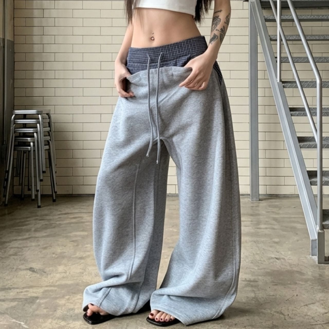 チェックレイヤードドローストリングワイドパンツ 2col R01663