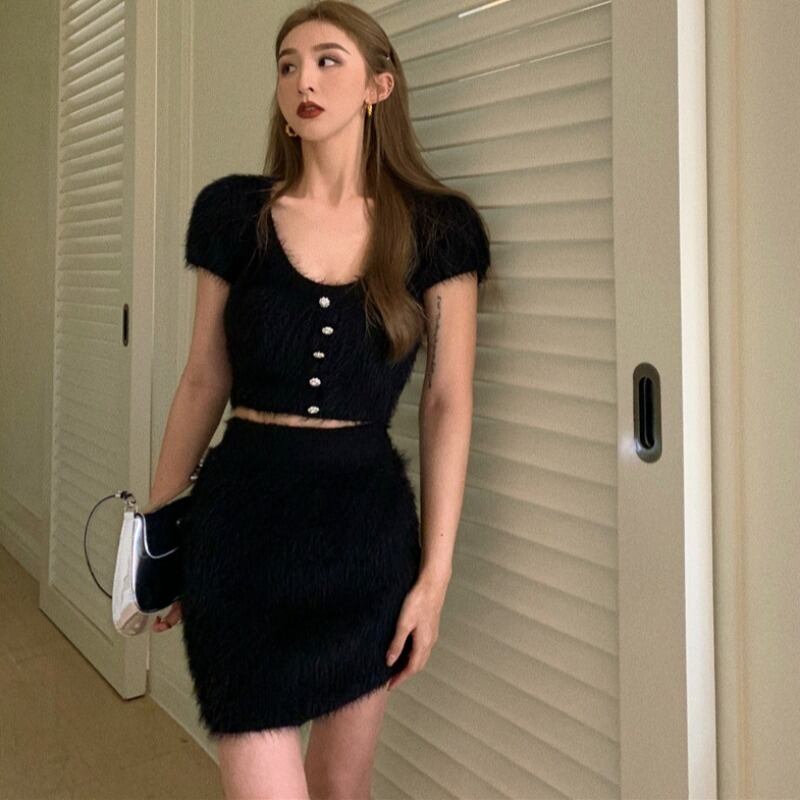 スタンダードショートスリムブラックトップス サマースカート レトロ 夏物 ドラファッションホール29734550079