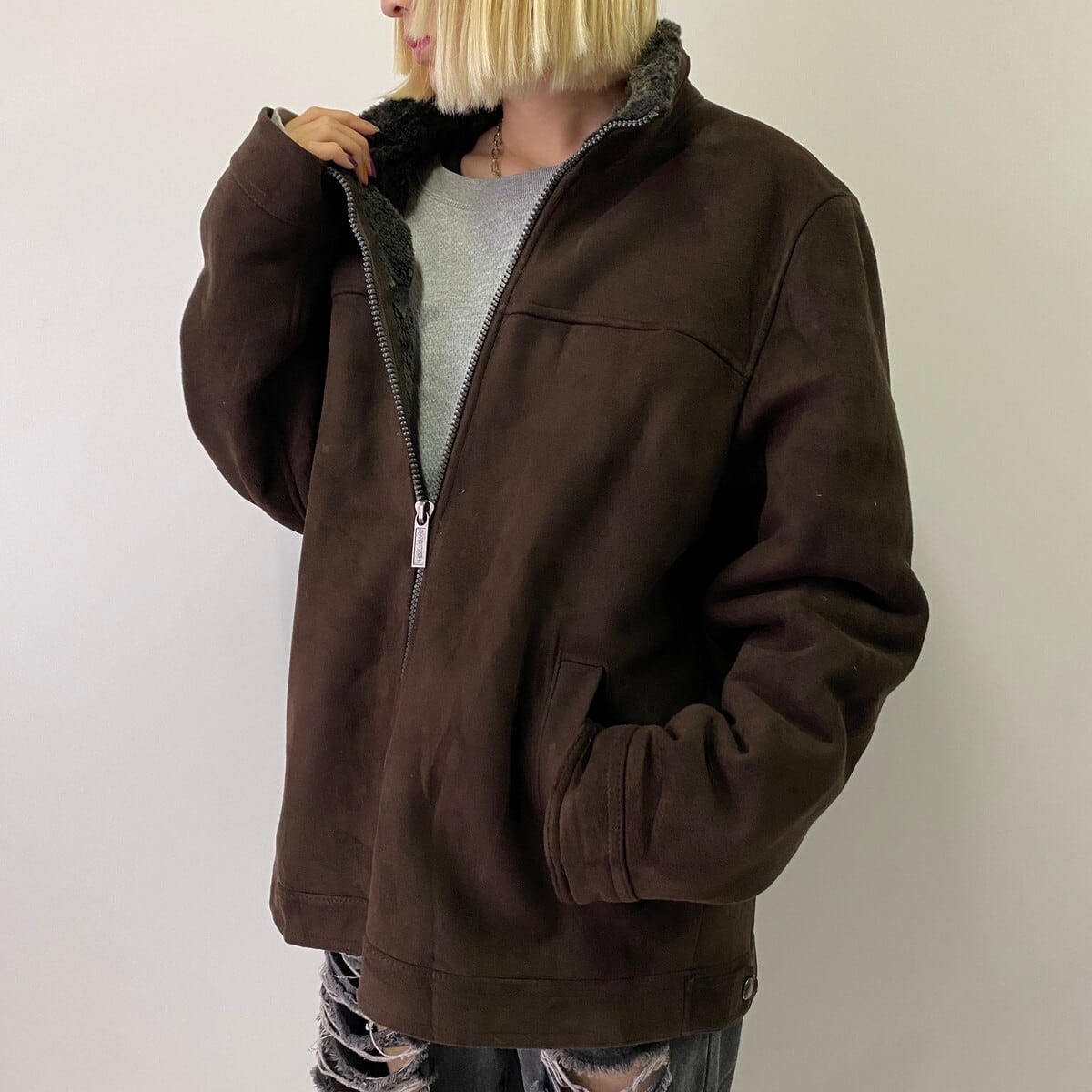 NAUTICA ブラウン フェイクレザーブルゾン NAUTICA⁄ムラ加工 フェイク 