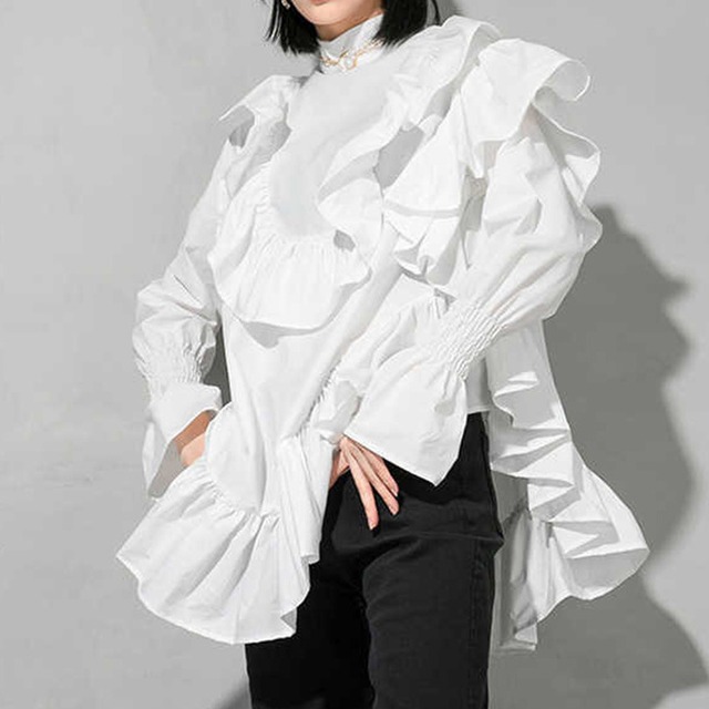 【TR0438】Stand Collor Frilled Shirt