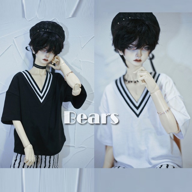 BJD人形用衣装★ Tシャツ  ブラック ホワイト  70cm/POPO6/SD男の子/MSDサイズ人形用/A386 Bears