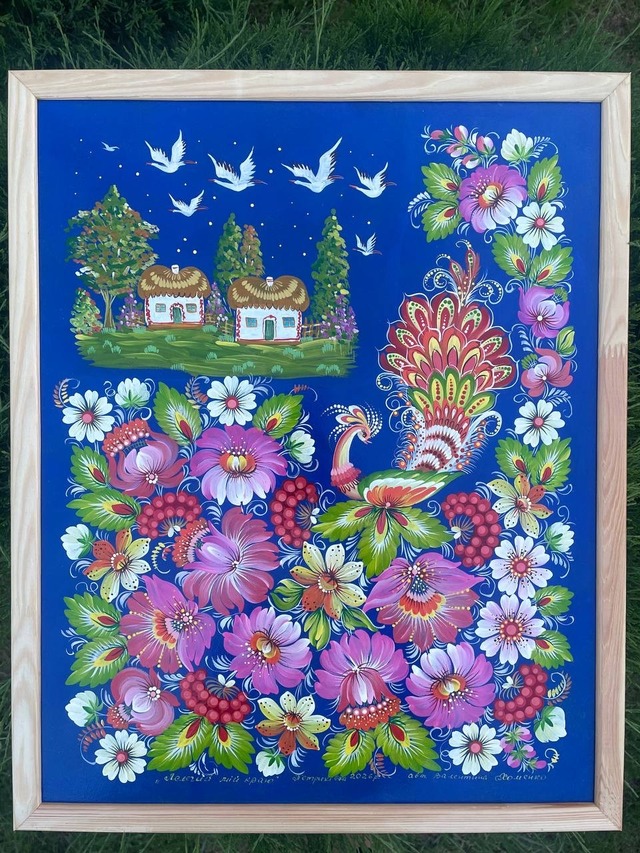 【コウノトリの舞う、わが故郷よ】ペトリキウカ塗り　壁掛け手描き絵画（ヴァレンティナ・ホメンコ）