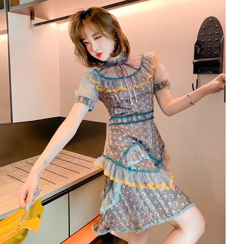 プリントハイウェストウェストドレス オータム レトロ 秋物 MIUCO57230825708