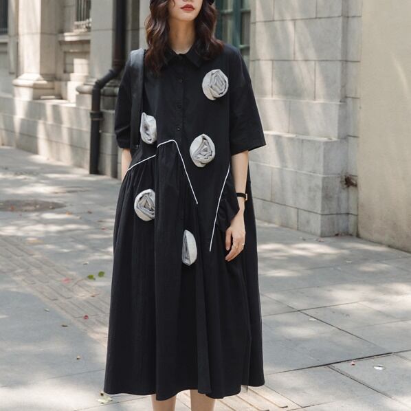 Flower motif A-line dress*S-308