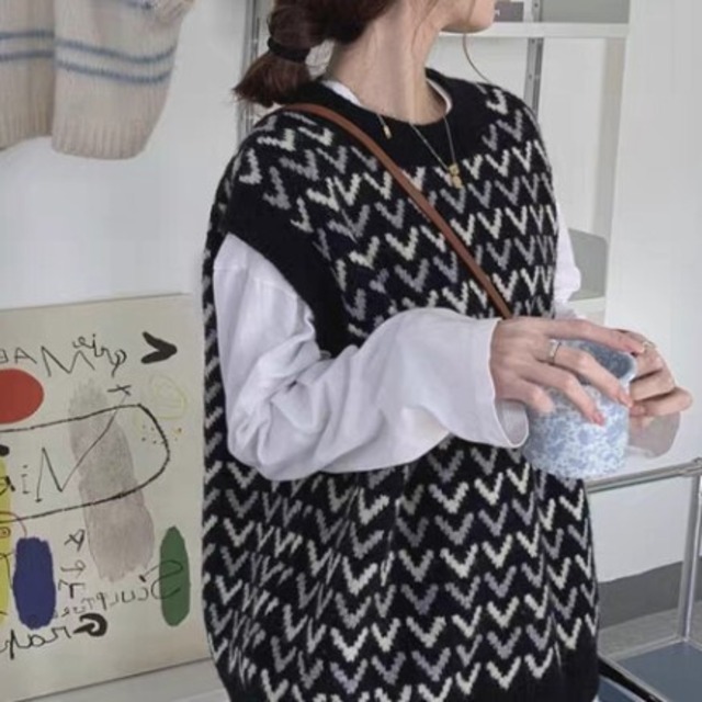 ヘリンボーン柄 クルーネック ニットベスト  L1104