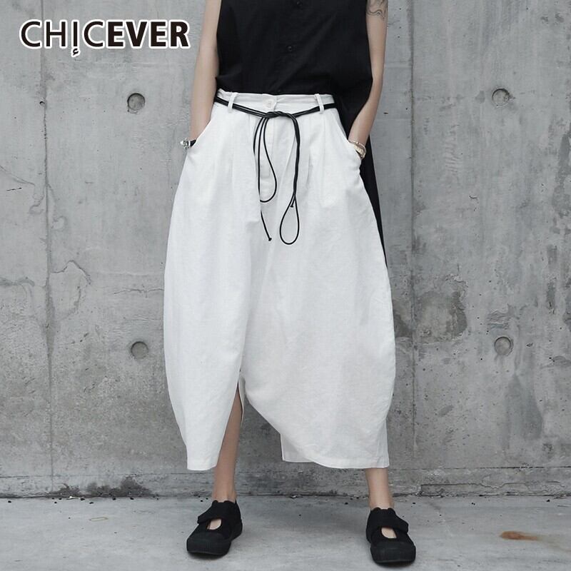 CHICEVERスプリングホワイトウエストルーズビッグサイズクロスパンツ女性レースアップサッシポケットパンツ2020 春物 6base589607039496