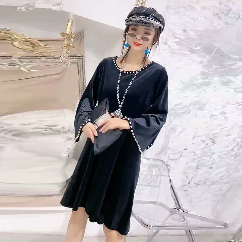 秋冬服2020新しいプラスサイズの女性の脂肪mm痩身トランペットスリーブスカートビーズウエスタンスタイルのドレス ミックスインファッション82933952742