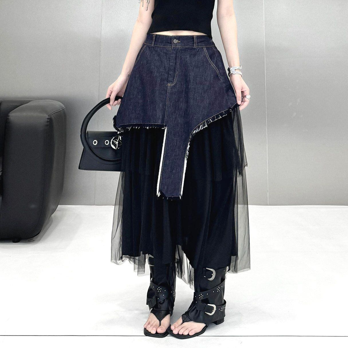 DENIM MESH ASYMMETRIC LAYERED MIDI SKIRT M-17745