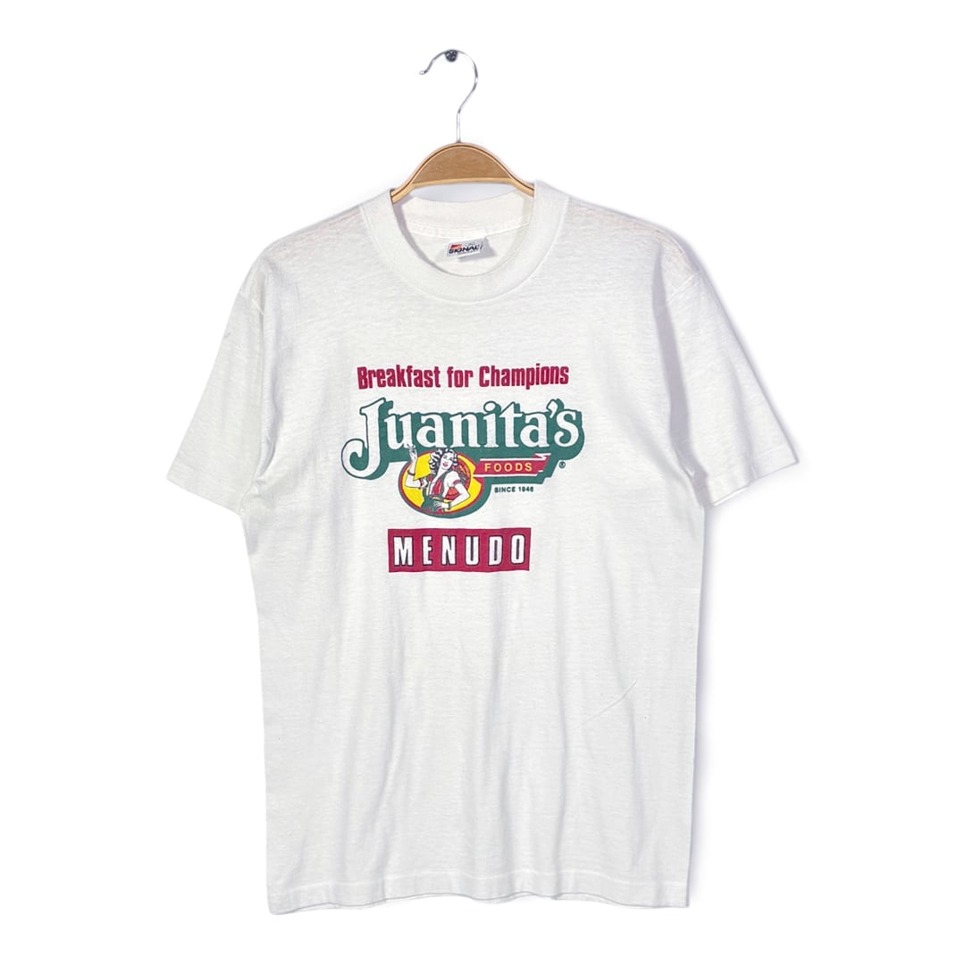 80s ファニタスフーズ USA製 ヴィンテージ Tシャツ メキシコ食品メーカー 企業物 企業ロゴ シグナル JUANITA'S シングルステッチ ホワイト サイズL 古着 BZ0505