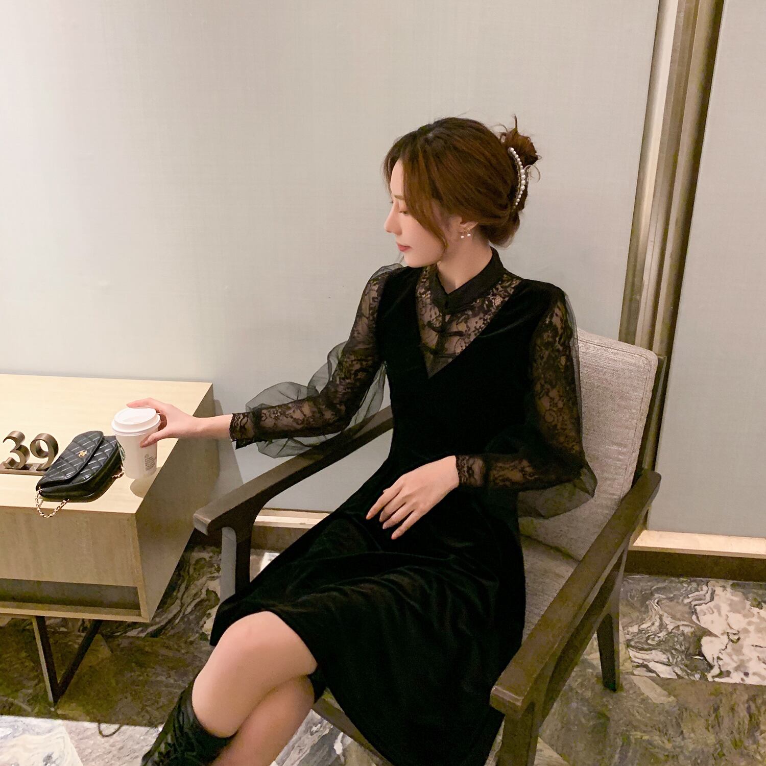 レースゴールドベルベットドレス スプリングスタンダードウェストスリムブラック レトロ 春物 ステッチ 6Du_Shop_Women84861049042