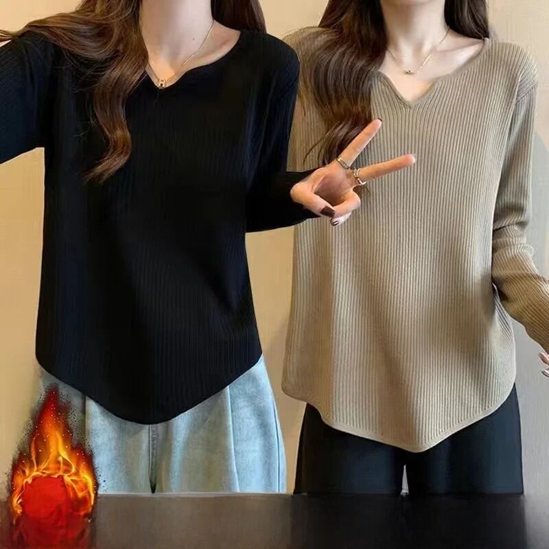 痩身ベースレイヤーシャツ レディース おしゃれ Tシャツ お腹カバー 長袖 Vネック 韓国風 ベルベット アウター 秋冬 新作