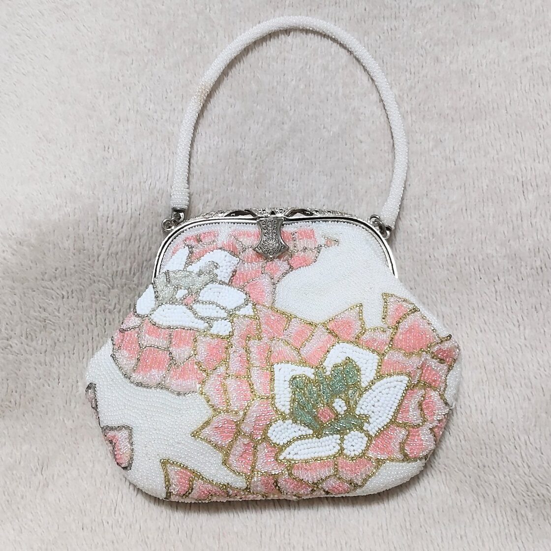 ビーズバッグ ハンドバッグ 和装 総ビーズ 白 ピンク 花柄 がま口 | Pay ID 