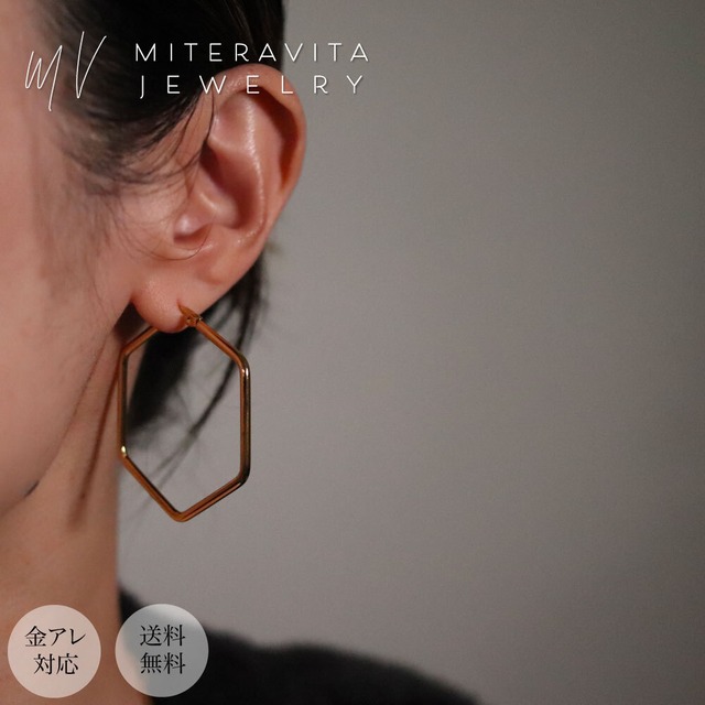 金属アレルギー対応 サージカルステンレス ピアス ヘキサゴン フープピアス 両耳用【p222】