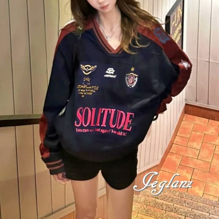 スウェット Vネック 長袖 シャツ エンブレム ロゴ ユニセックス(MD799)γα