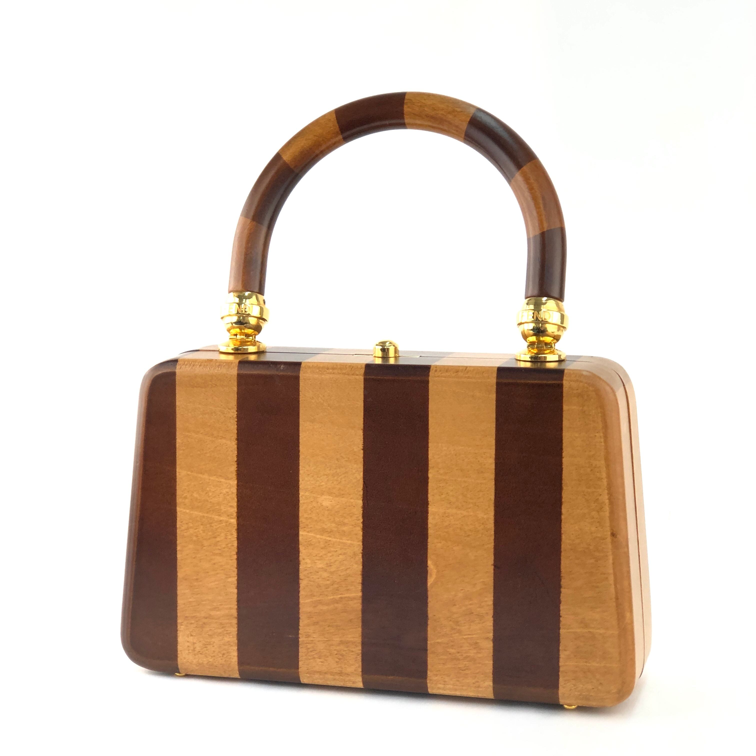 FENDI ストライプ ショルダーバッグ　ヴィンテージ　オールドフェンディー FENDI フェンディ ズッキーノ ストライプ 木製 ウッドハンドバッグ