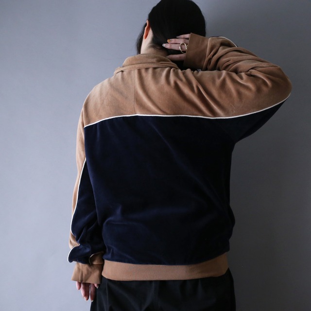 bi-color and piping design velours zip-up jacket