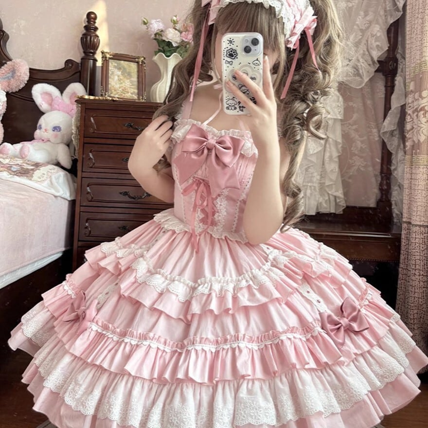ロリィタドレス 甘ロリ ジャンパースカート パステルピンク コンカフェ