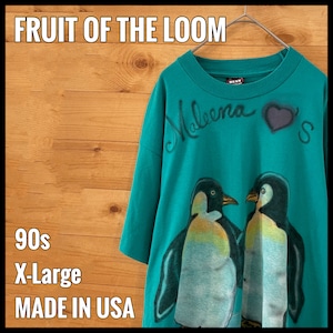 【FRUIT OF THE LOOM】90s USA製 Tシャツ ペンギン アニマルプリント イラスト アーチロゴ ハート XL オーバサイズ US古着