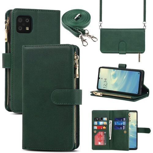 Pelanty for SHARP AQUOS Sense6 縄掛けケース手帳型 SH-54B SHG05 SH-M19 携帯カバー 肩掛け斜めがけ ショルダー 合成皮革+TPU マグネット aquos sense6 財布型カバー ICカード お札入れ小銭入れ大容量 収納ポケット スタンド機能 シャープ アクオス センス6 ストラップ付き 落下防止 耐衝撃 全面保護 肩縄付き-グリーン 1370
