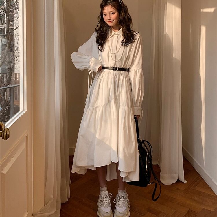 フィッシュテール シャツワンピース 長袖 ミモレ丈 後下がり ハーフボタン ギャザー 無地 シンプル ガーリー デート 韓国っぽ 621 Macaron フィッシュテール シャツワンピース 長袖 ミモレ丈 後下がり ハーフボタン ギャザー 無地 シンプル ガーリー デート 韓国っぽ 621 Macaron