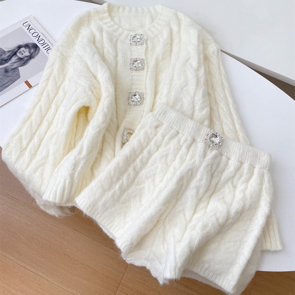 【set】ビジューボタンカーディガン×ショートパンツセット N3395