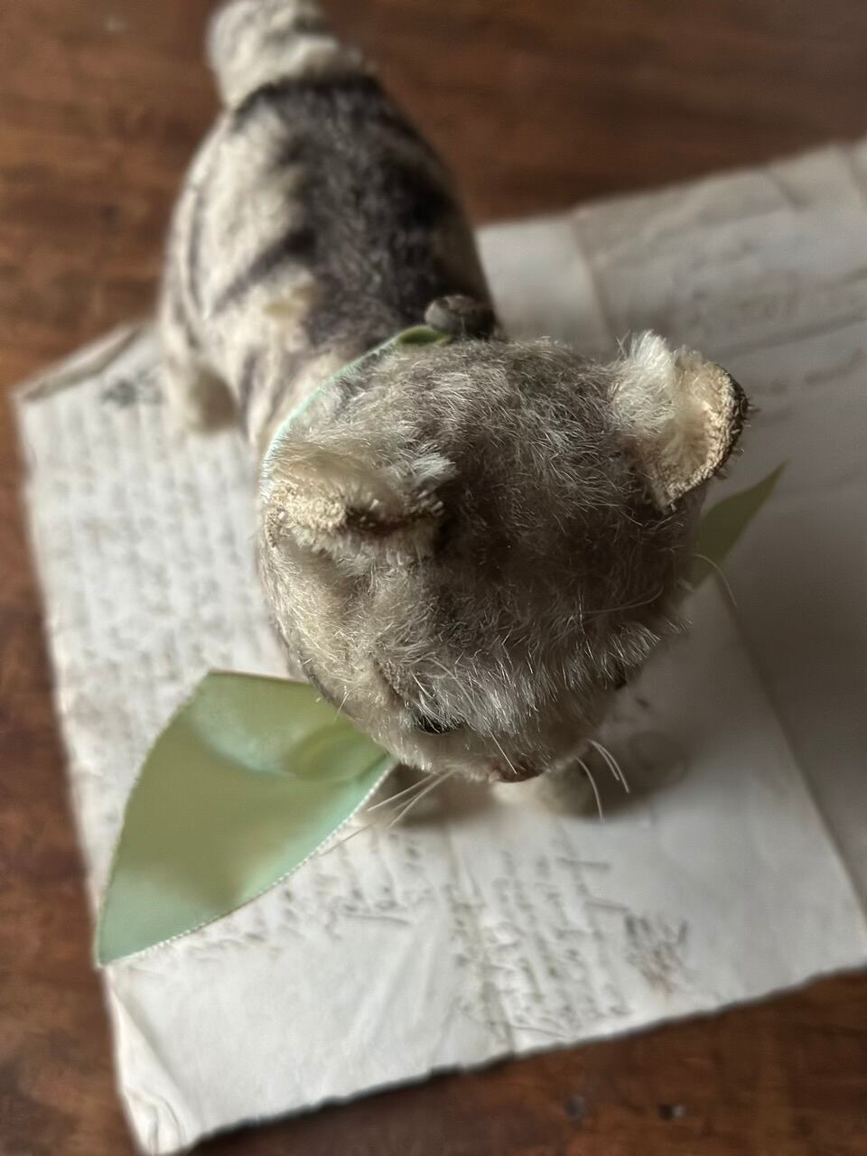 ねこのぬいぐるみ 薄いグリーンの目 リボン 猫 | Brocante de La