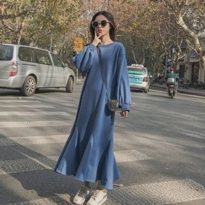 ワンピース レディース 送料無料 マーメイド ロング丈 マキシ丈 パフスリーブ バブルスリーブ バルーンスリーブ 袖あり 丸首 ラウンドネック 襟なし スウェット 伸縮性 ドロップショルダー コットン かわいい 大人可愛い カジュアル シンプル 大人 おしゃれ お洒落 ラフ キュート ラブリー 大人女子 抜け感 こなれ感 ルーズ S M L XL 大きめ 大きい ゆったり ゆる ブルー 青 ブラック 黒 無地 春服 夏服 オールシーズン 10代 20代 30代 40代 学生 デート お出かけ 休日 韓国