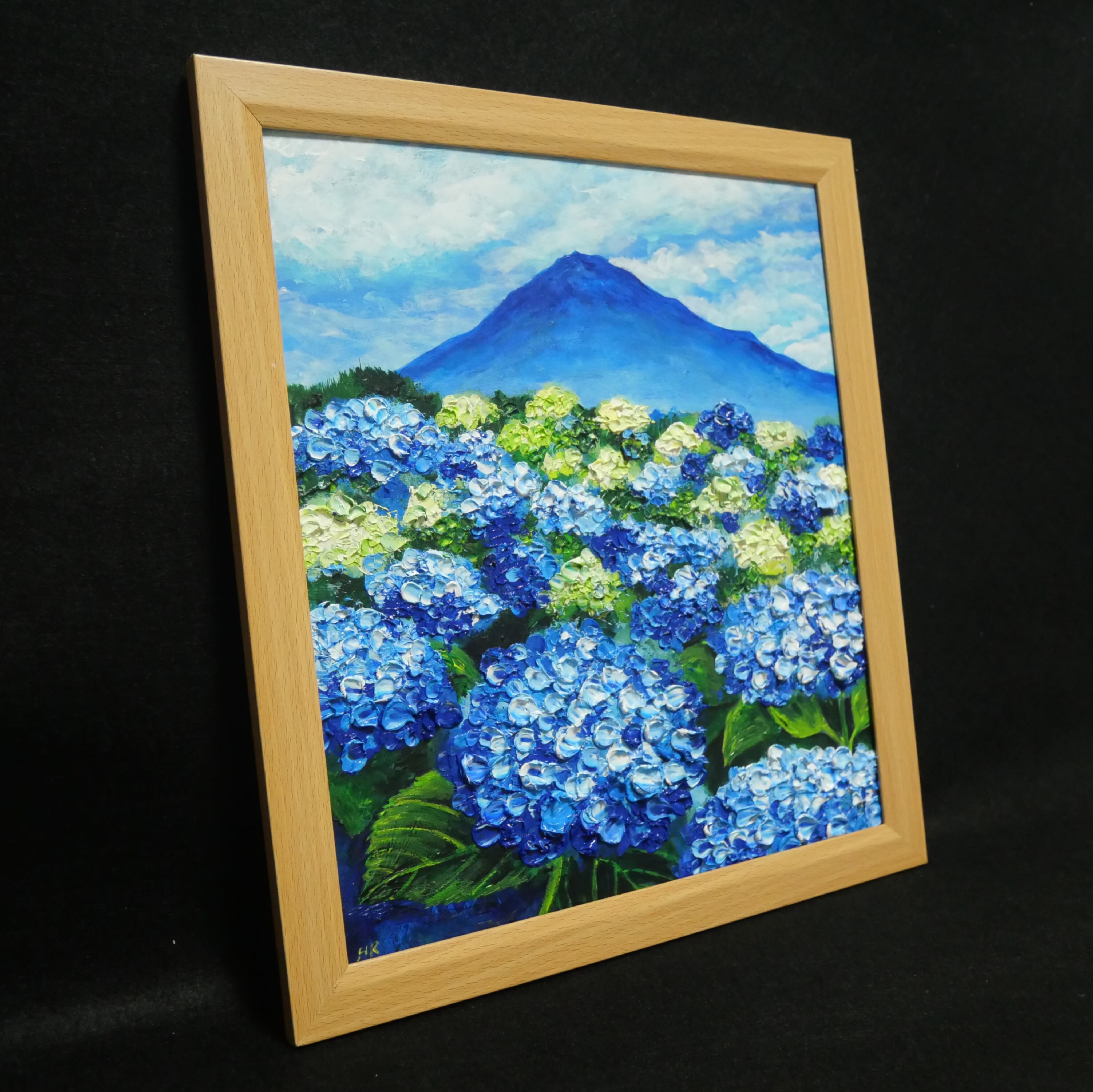 油絵 絵画【青の情景 〜富士と紫陽花の咲く丘〜】油彩画 風景画