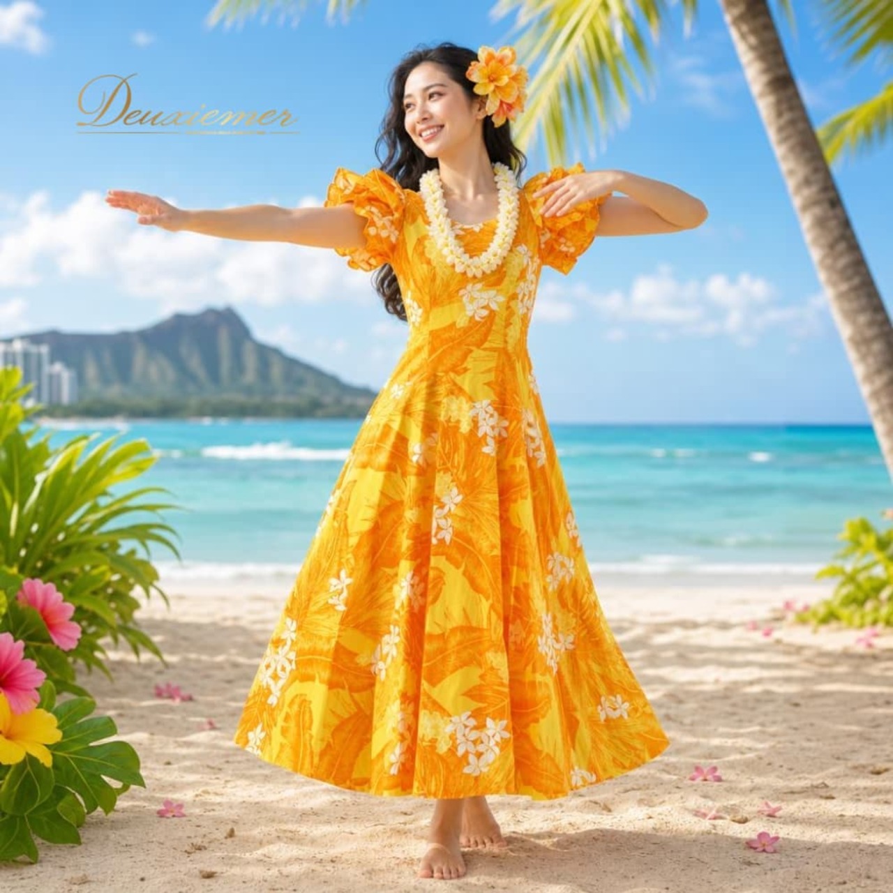 フラダンス 衣装 ALOHA STANDARDS アロハスタンダード ワンピース ドレス イエロー系 フリル プルメリア柄 花柄 植物柄 ハワイアンプリント ハワイアン アロハ フラ ダンス レッスン 練習 オレンジ系 ホワイト系 黄 橙 白 フレアスカート 日本製 華やか 鮮やか かわいい おしゃれ 上品