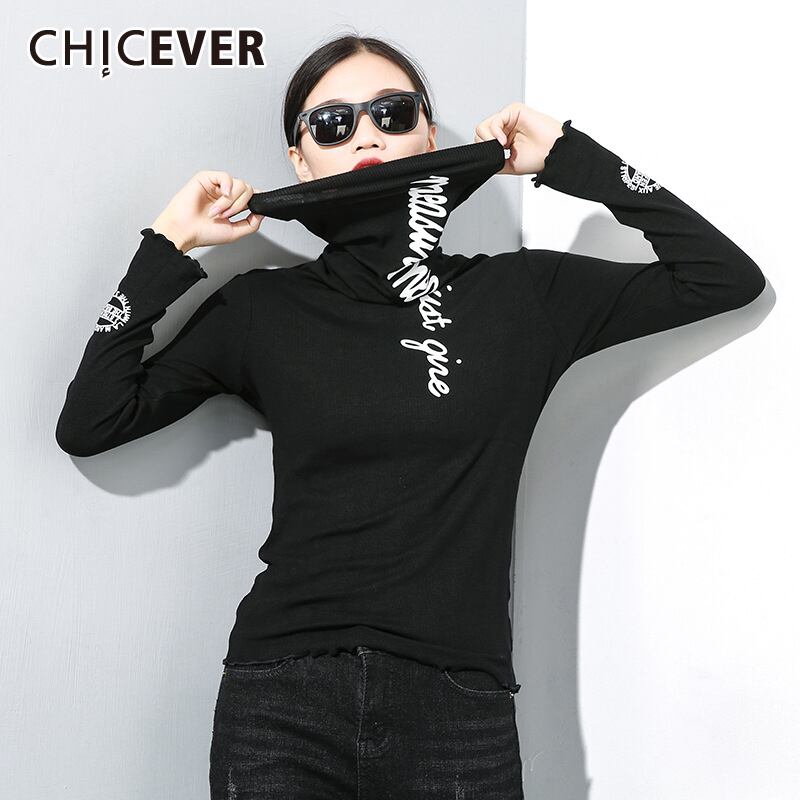 CHICEVERプリントTシャツレディースタートルネック長袖非対称裾Tシャツ2020冬服タイド ロング ウィンター 冬物 6base519702337991