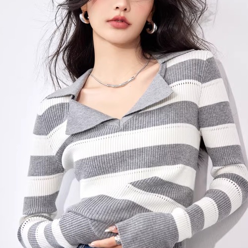 オープンカラーボーダーニットトップス ・75016