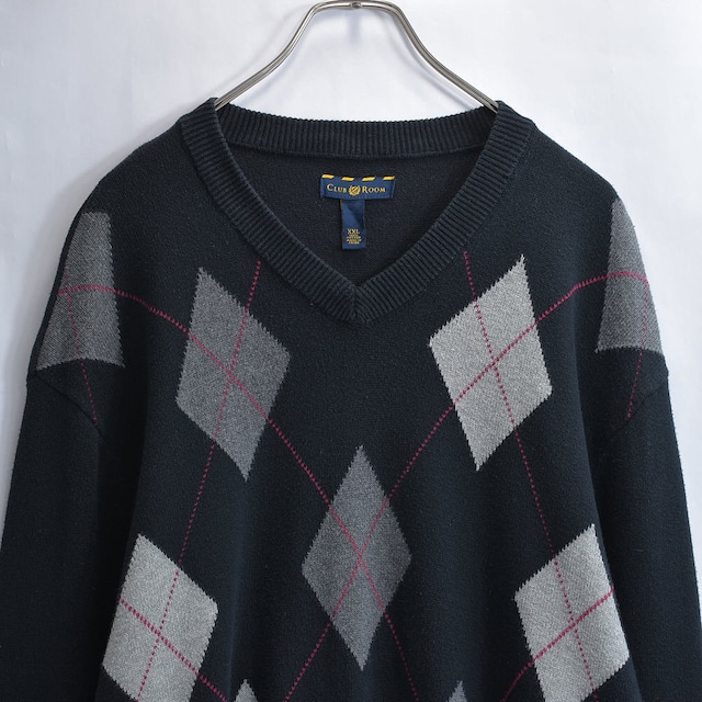 00s～ CLUB ROOM アーガイルチェック Vネック コットンセーター プルオーバーニット ヴィンテージ 総柄 ブラック ビンテージ USA アメリカ古着 メンズXL相当