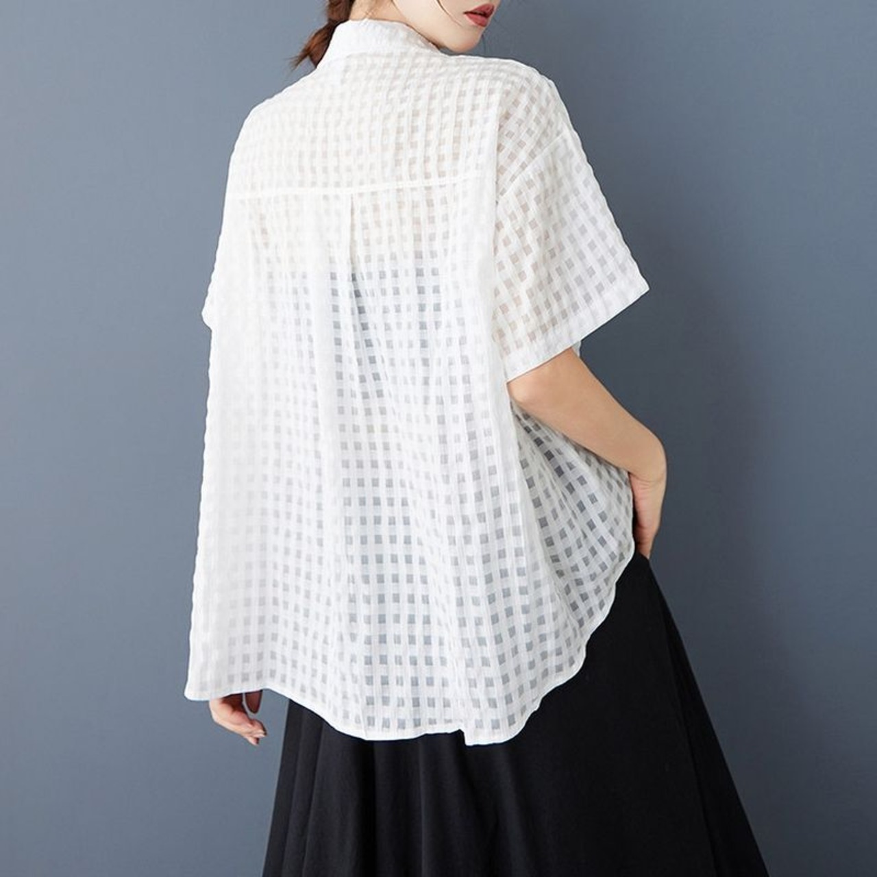 チェック透け感 デザイン シャツ  30228