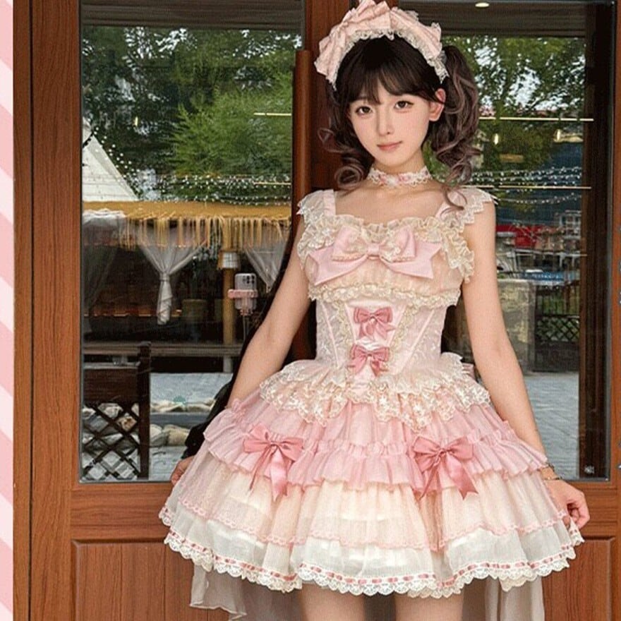 王道ガーリー系 JSK グラデーションフリルとリボンが彩る姫系ドレス