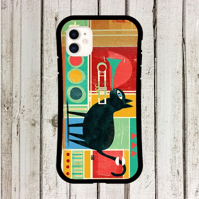 iPhoneケース 黒猫 トランペット 音楽｜金管楽器 北欧レトロ CAT084