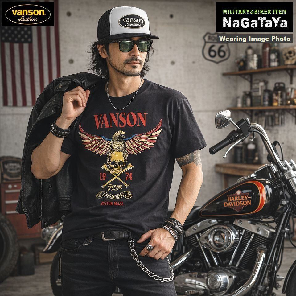 VANSON バンソン スカルイーグル 半袖Tシャツ 天竺半袖TEE 墨黒