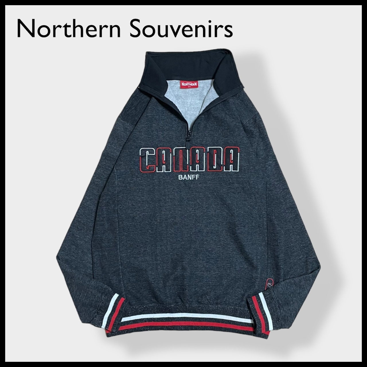 【Northern Souvenirs】CANADA BANFF 刺繍ロゴ ハーフジップ スウェット プルオーバーリブライン M US古着