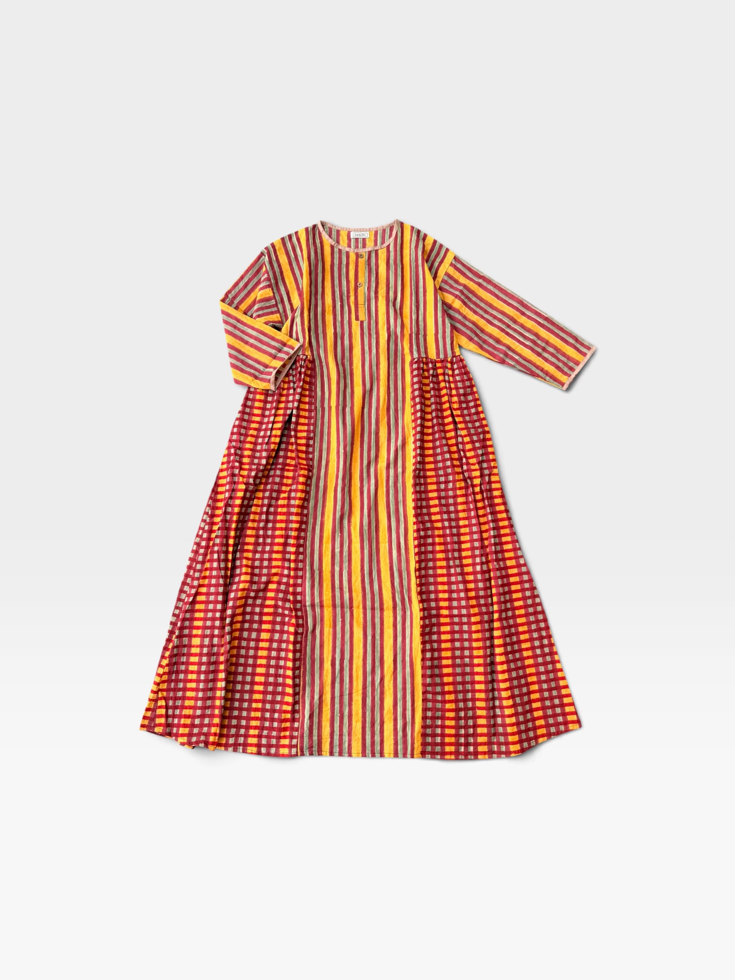 saruche ストライプとチェックのワンピース Wine Orange Check