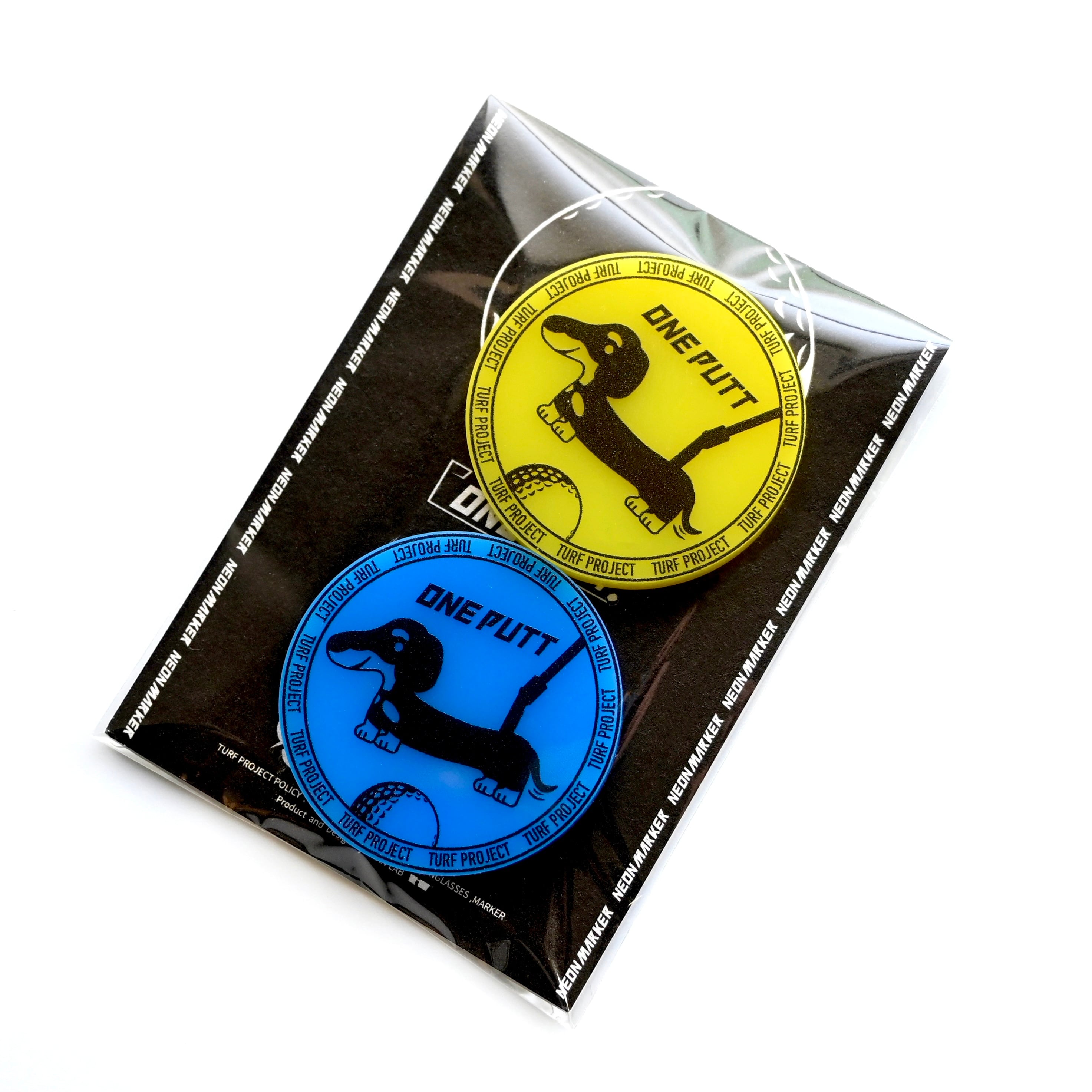 TURF PROJECT　数量10個限定デザイン 青黄ゴルフマーカー［犬ワンパット］2色セット