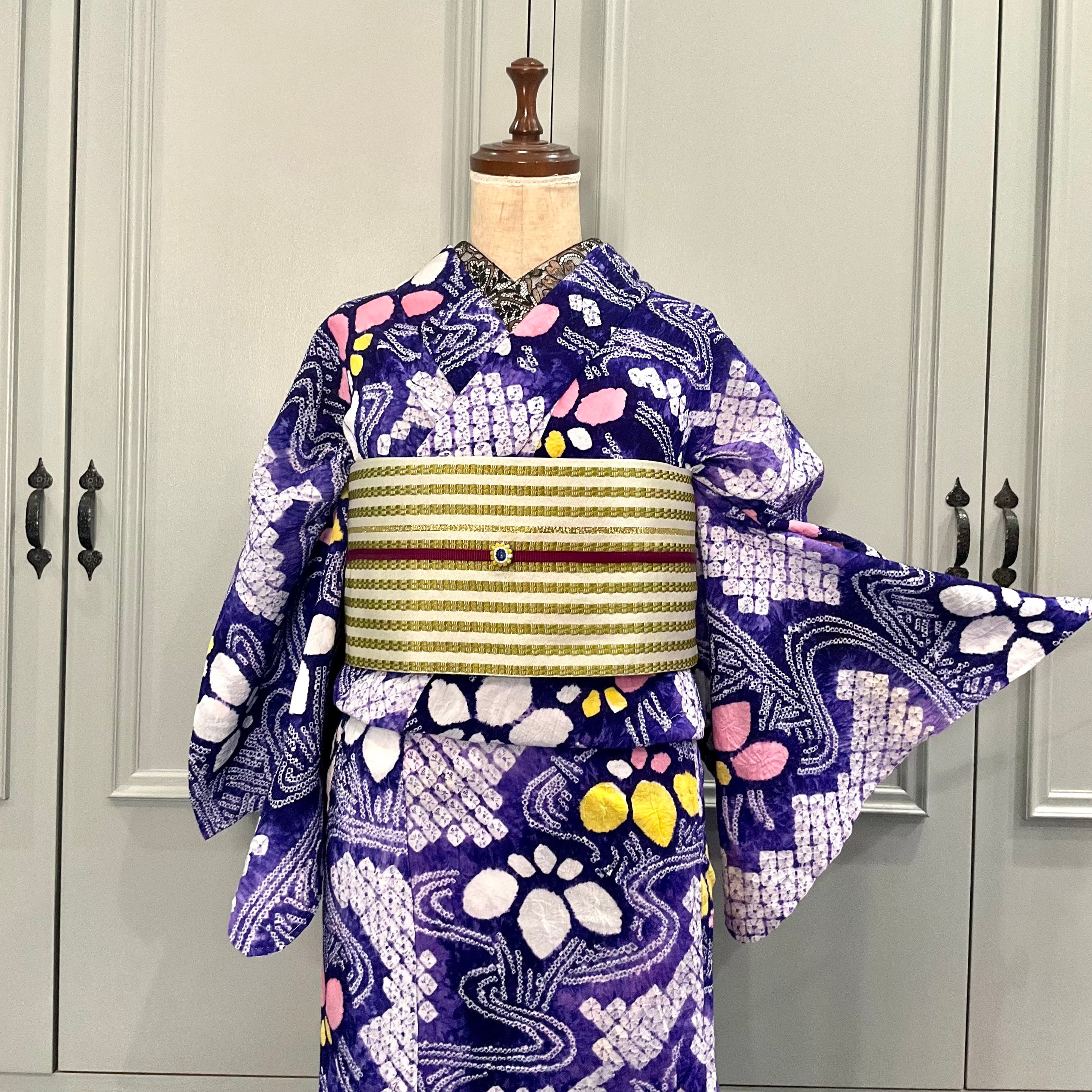 long＊Retro Iris＊花 あやめ 紫 有松鳴海絞り浴衣 B654 | kimono tento