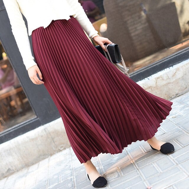 プリーツロングスカート ハイウエストソリッドスカート Burgundy | heart dépôt たかの友依 powered by BASE